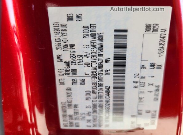 1FMCU0GD2HUC44842 2017 FORD ESCAPE Burgundy Widok naklejki z numerem VIN