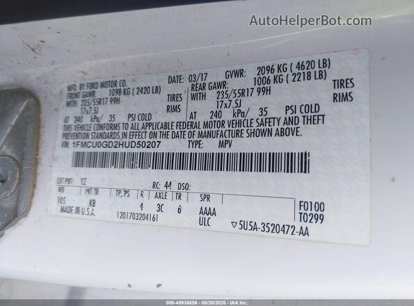 1FMCU0GD2HUD50207 2017 FORD ESCAPE Белый Вид подкапотного пространства