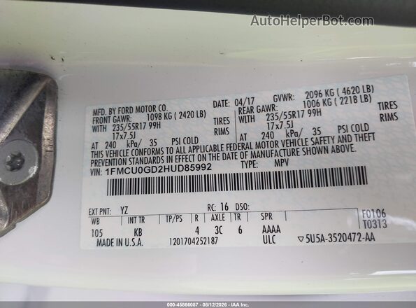 1FMCU0GD2HUD85992 2017 FORD ESCAPE White Engine compartment view