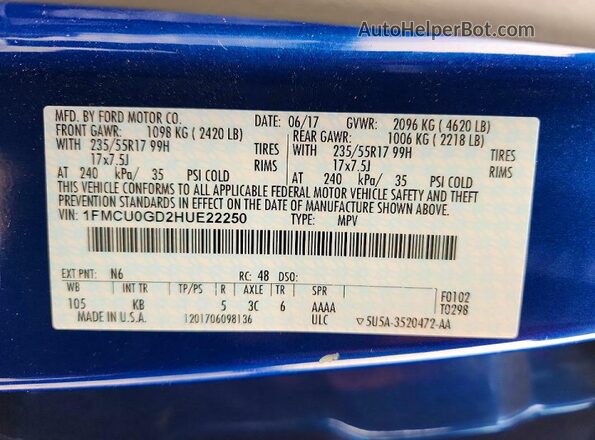 1FMCU0GD2HUE22250 2017 FORD ESCAPE Blue Widok naklejki z numerem VIN