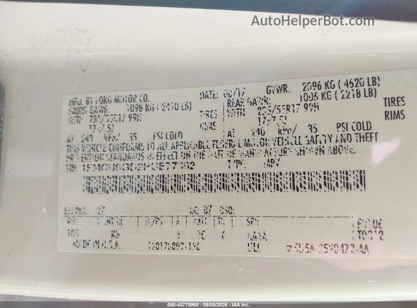 1FMCU0GD2HUE77362 2017 FORD ESCAPE SE FWD White Շարժիչի բաժամունքի տեսք