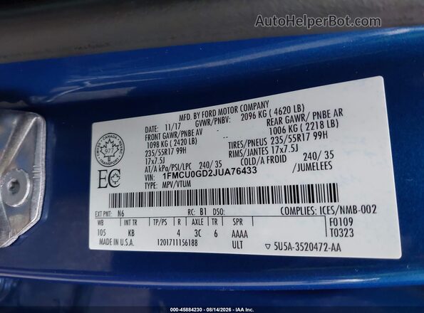 1FMCU0GD2JUA76433 2018 FORD ESCAPE Blue Շարժիչի բաժամունքի տեսք