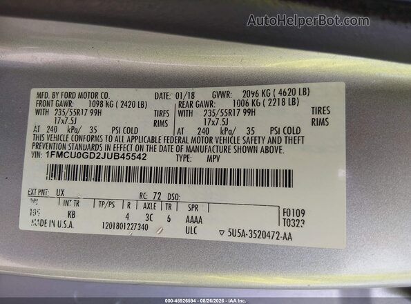 1FMCU0GD2JUB45542 2018 FORD ESCAPE Silver Շարժիչի բաժամունքի տեսք