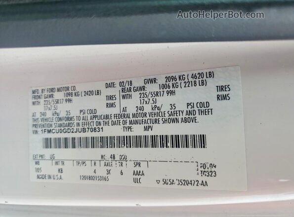1FMCU0GD2JUB70831 2018 FORD ESCAPE White Вид наклейки з VIN-кодом