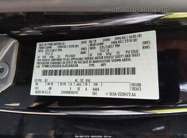 1FMCU0GD2JUD29038 2018 FORD ESCAPE Black Widok komory silnika