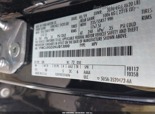 1FMCU0GD2KUB13000 2019 FORD ESCAPE Black ძრავის განყოფილების ხედი