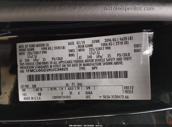 1FMCU0GD2KUC54925 2019 FORD ESCAPE Black Engine compartment view