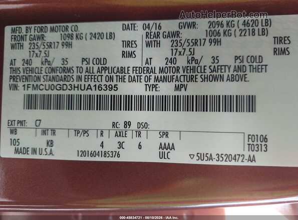 1FMCU0GD3HUA16395 2017 FORD ESCAPE Brown Widok komory silnika