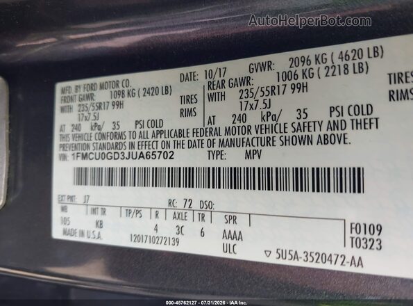 1FMCU0GD3JUA65702 2018 FORD ESCAPE Gray Շարժիչի բաժամունքի տեսք