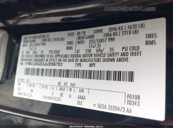 1FMCU0GD3JUD56703 2018 FORD ESCAPE Black Շարժիչի բաժամունքի տեսք