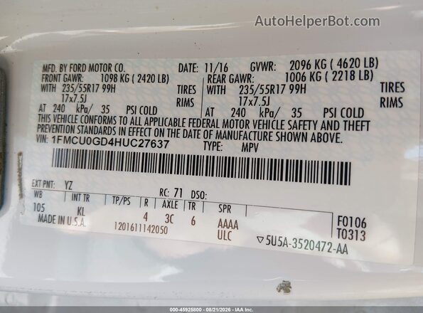 1FMCU0GD4HUC27637 2017 FORD ESCAPE Белый Вид подкапотного пространства