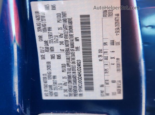 1FMCU0GD4HUD24823 2017 FORD ESCAPE Blue VIN კოდის სტიკერის ხედი