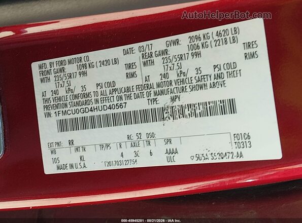 1FMCU0GD4HUD40567 2017 FORD ESCAPE Red Engine compartment view