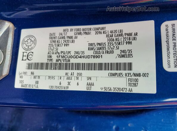 1FMCU0GD4HUD78901 2017 FORD ESCAPE Blue Vista de la etiqueta del VIN