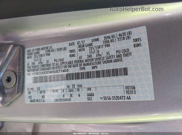 1FMCU0GD4HUE71403 2017 FORD ESCAPE Silver Շարժիչի բաժամունքի տեսք