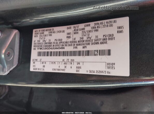 1FMCU0GD4JUA43496 2018 FORD ESCAPE Gray Engine compartment view