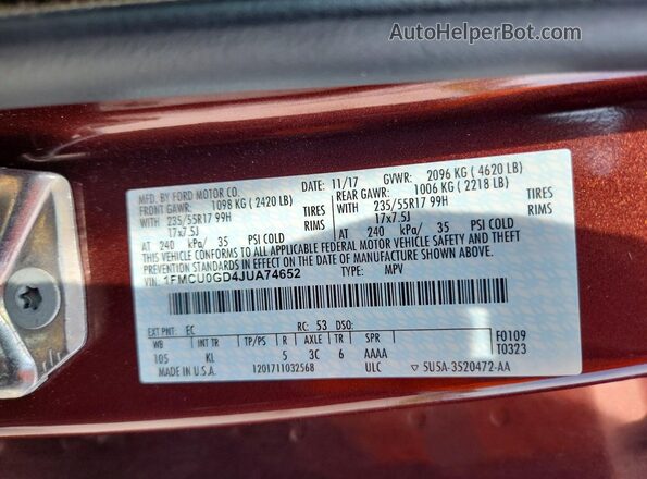1FMCU0GD4JUA74652 2018 FORD ESCAPE Brown VIN კოდის სტიკერის ხედი
