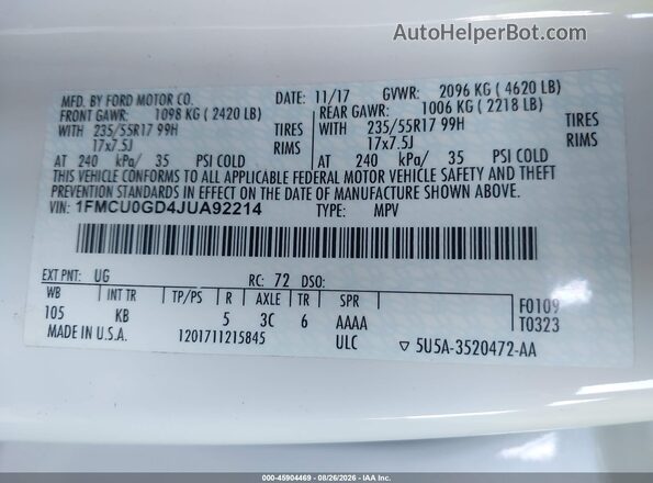 1FMCU0GD4JUA92214 2018 FORD ESCAPE White Вид підкапотного простору