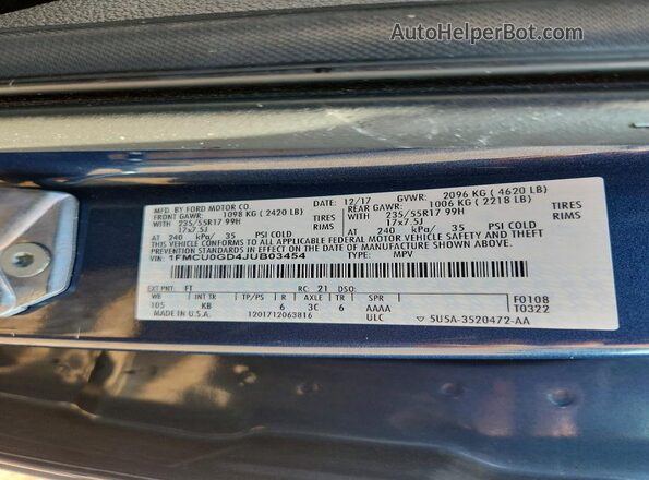 1FMCU0GD4JUB03454 2018 FORD ESCAPE Blue VIN sticker view