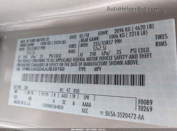 1FMCU0GD4JUB39760 2018 FORD ESCAPE Beige Շարժիչի բաժամունքի տեսք