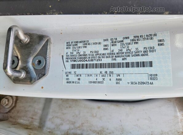 1FMCU0GD4JUB71253 2018 FORD ESCAPE White VIN კოდის სტიკერის ხედი