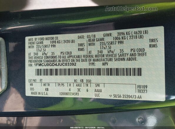1FMCU0GD4JUC03392 2018 FORD ESCAPE Blue Vista del compartimento del motor