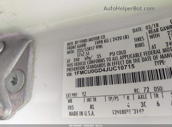 1FMCU0GD4JUC10715 2018 FORD ESCAPE White Engine compartment view