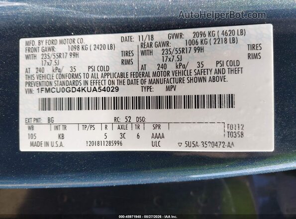 1FMCU0GD4KUA54029 2019 FORD ESCAPE Blue Вид підкапотного простору
