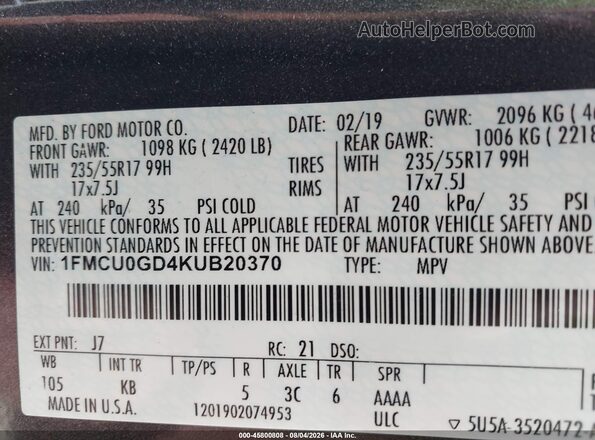 1FMCU0GD4KUB20370 2019 FORD ESCAPE Серый Вид подкапотного пространства