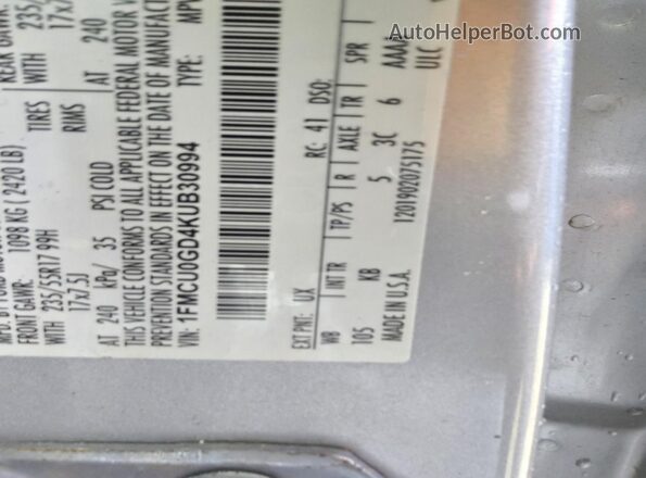 1FMCU0GD4KUB30994 2019 FORD ESCAPE Silver Widok naklejki z numerem VIN