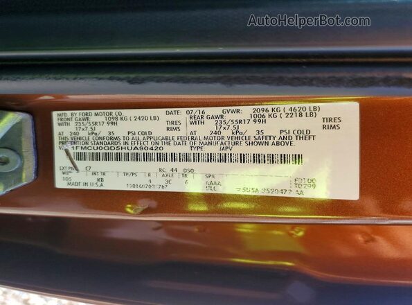 1FMCU0GD5HUA90420 2017 FORD ESCAPE Orange VIN կոդի պիտակի տեսք