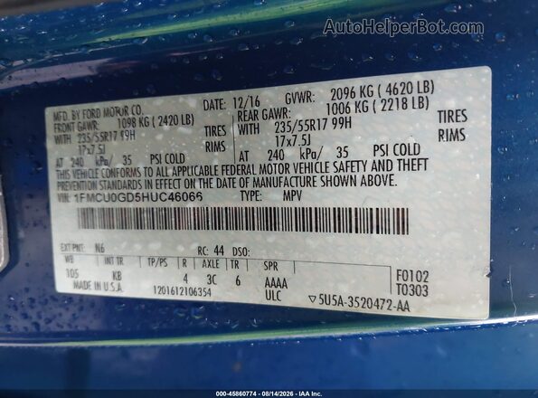 1FMCU0GD5HUC46066 2017 FORD ESCAPE Синий Вид подкапотного пространства