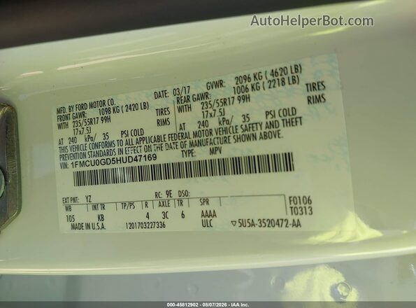 1FMCU0GD5HUD47169 2017 FORD ESCAPE White Engine compartment view