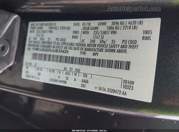 1FMCU0GD5JUB35426 2018 FORD ESCAPE Gray ძრავის განყოფილების ხედი