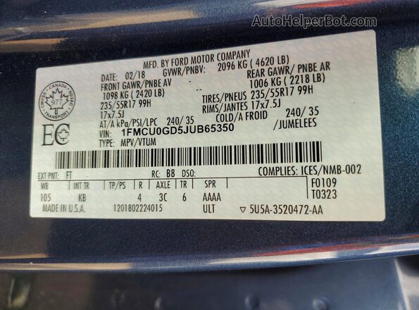 1FMCU0GD5JUB65350 2018 FORD ESCAPE Blue Սալոնի 360 աստիճան տեսք