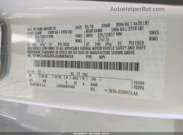 1FMCU0GD5JUB85632 2018 FORD ESCAPE Белый Вид подкапотного пространства