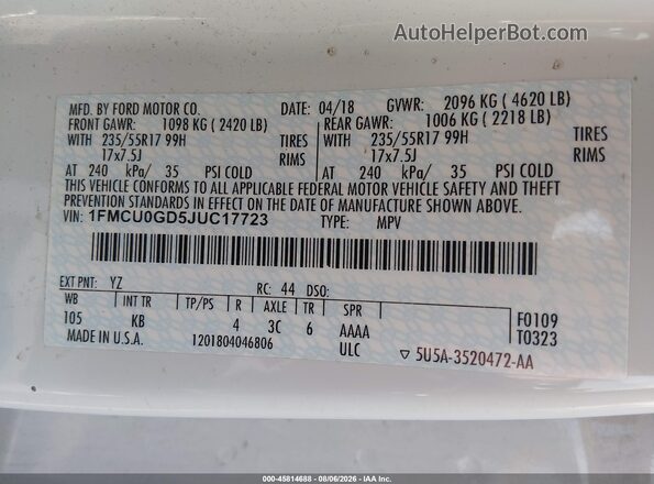 1FMCU0GD5JUC17723 2018 FORD ESCAPE White Շարժիչի բաժամունքի տեսք