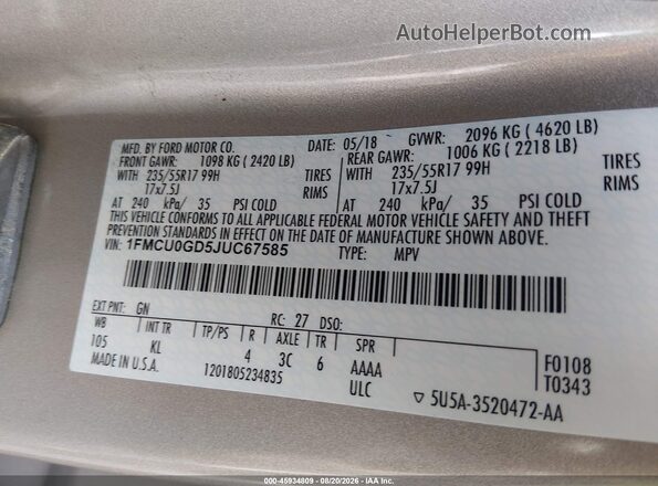 1FMCU0GD5JUC67585 2018 FORD ESCAPE Champagne Вид подкапотного пространства