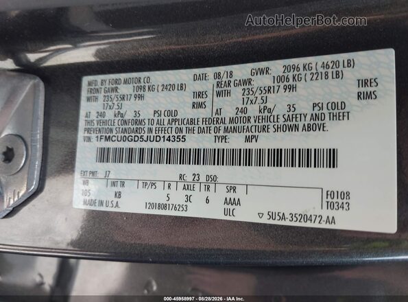 1FMCU0GD5JUD14355 2018 FORD ESCAPE Gray Widok komory silnika