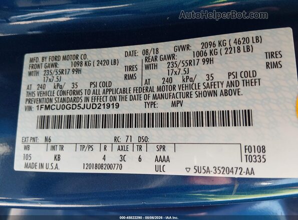 1FMCU0GD5JUD21919 2018 FORD ESCAPE Blue ძრავის განყოფილების ხედი