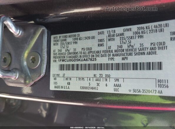 1FMCU0GD5KUA67825 2019 FORD ESCAPE Gray Widok komory silnika