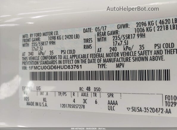 1FMCU0GD6HUD83761 2017 FORD ESCAPE White Widok komory silnika