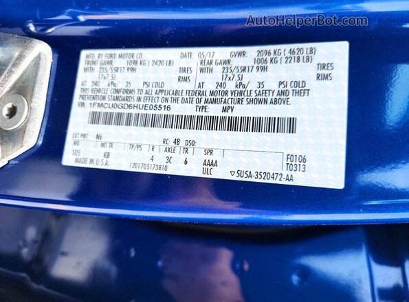 1FMCU0GD6HUE05516 2017 FORD ESCAPE Blue VIN sticker view