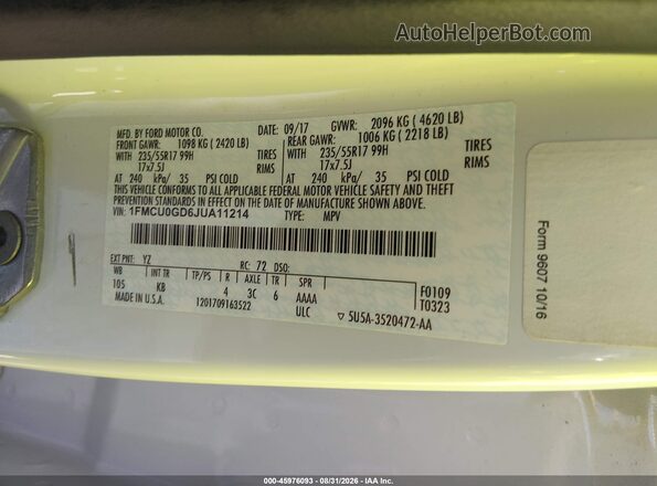 1FMCU0GD6JUA11214 2018 FORD ESCAPE White Engine compartment view