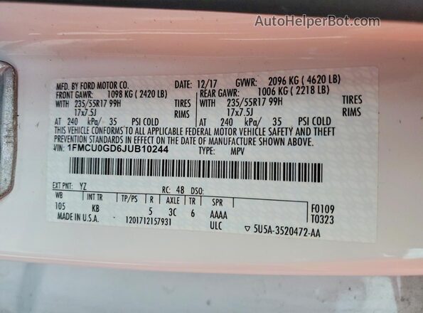 1FMCU0GD6JUB10244 2018 FORD ESCAPE White Панорамний вид салону 360°