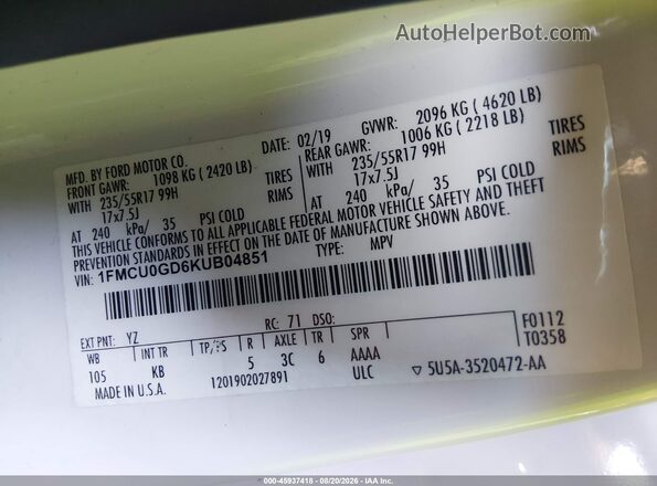 1FMCU0GD6KUB04851 2019 FORD ESCAPE Белый Вид подкапотного пространства