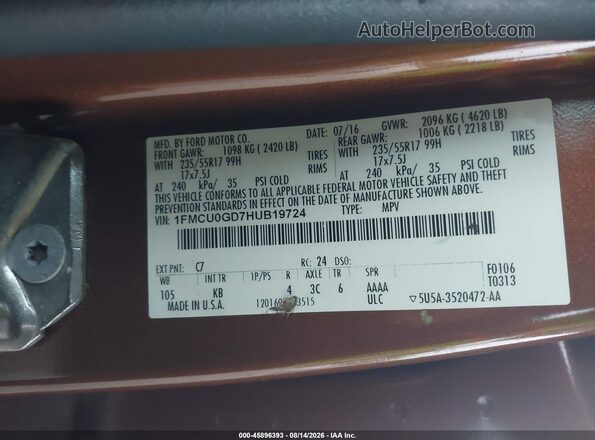 1FMCU0GD7HUB19724 2017 FORD ESCAPE Brown Vista del compartimento del motor