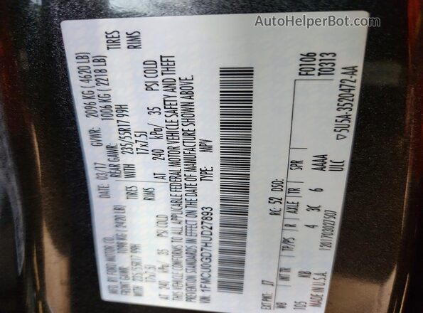 1FMCU0GD7HUD27893 2017 FORD ESCAPE Gray Widok naklejki z numerem VIN