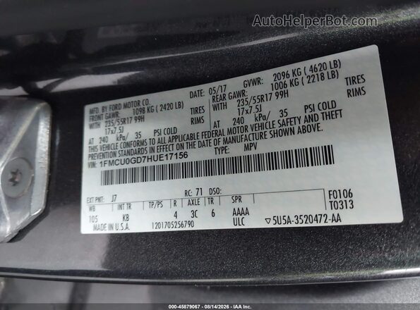 1FMCU0GD7HUE17156 2017 FORD ESCAPE Gray Vista del compartimento del motor