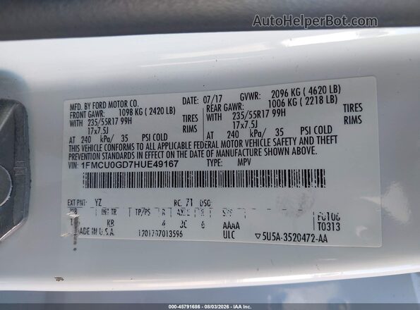 1FMCU0GD7HUE49167 2017 FORD ESCAPE Белый Вид подкапотного пространства